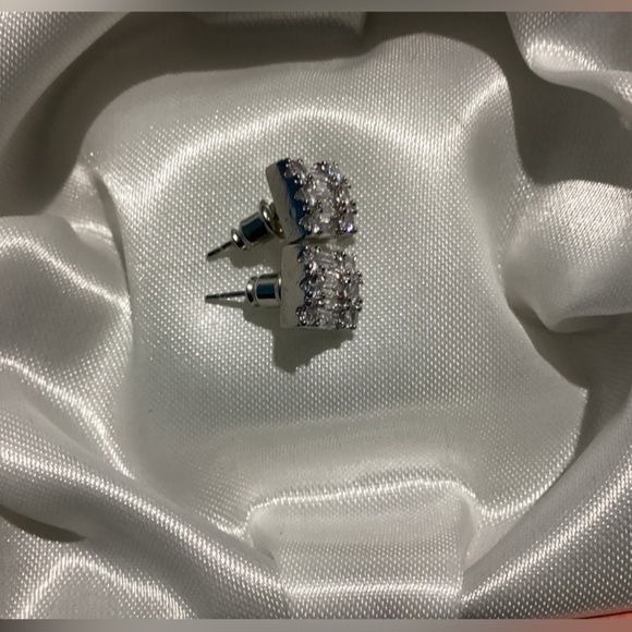 Luxurious Square Baguette & Round  cut Zircon Halo  Post back Earrings